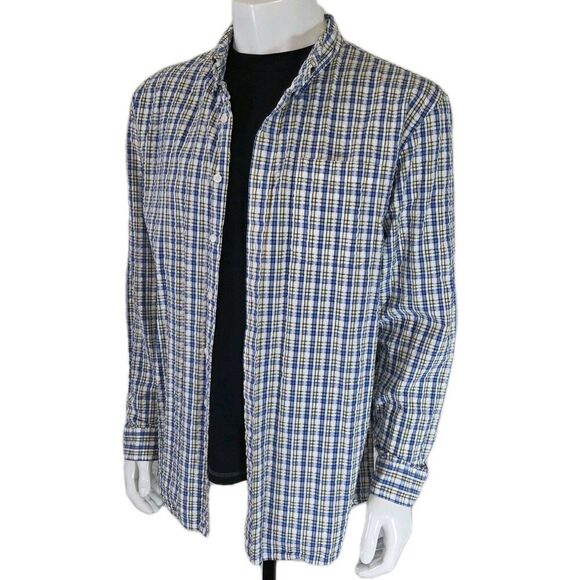 LL Bean Seersucker Textured Shirt Blue Yellow Plaid Button Down Men's LT - Picture 12 of 13